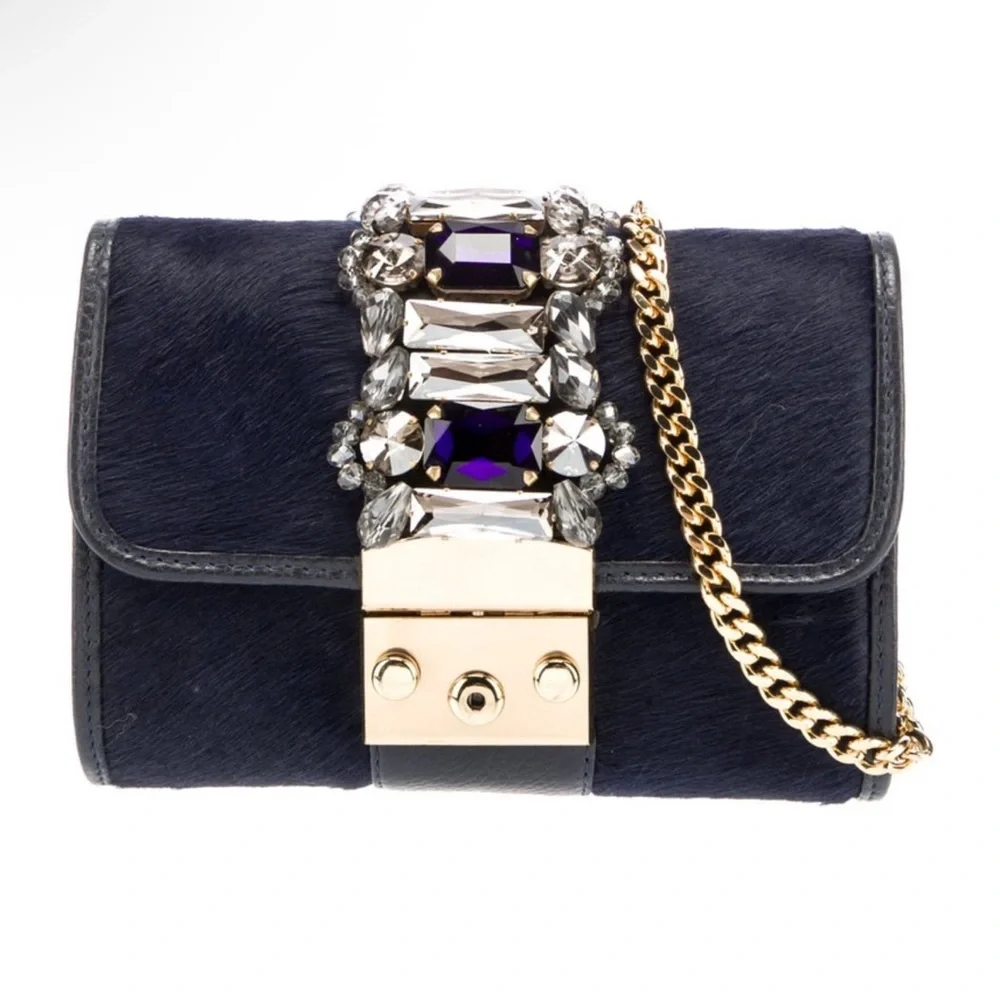 Gedebe Navy Pony Hair and Leather Embellished Handbag